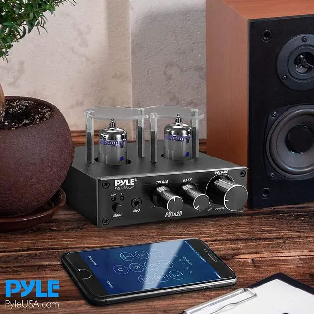 Alt view image 6 of 7 - Bluetooth Tube Amplifier Stereo Receiver - 600W Home Audio Desktop Stereo Vacuum Tube Power Amplifier Receiver w/ 2 Vacuum Tubes, AUX/MP3/Microphone Inputs, Pure Copper Speaker Output - PVTA20