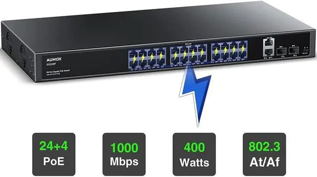Main image of 28-Port Gigabit PoE Switch with 24 x PoE 400W, 2 x Uplink Gigabit Ports, 2 x 1G SFP Slots, Rackmount or Desktop, PoE Recovery, Plug and Play, Fan Design,VLAN, 802.3 Af/at, Unmanaged (SG528P)
