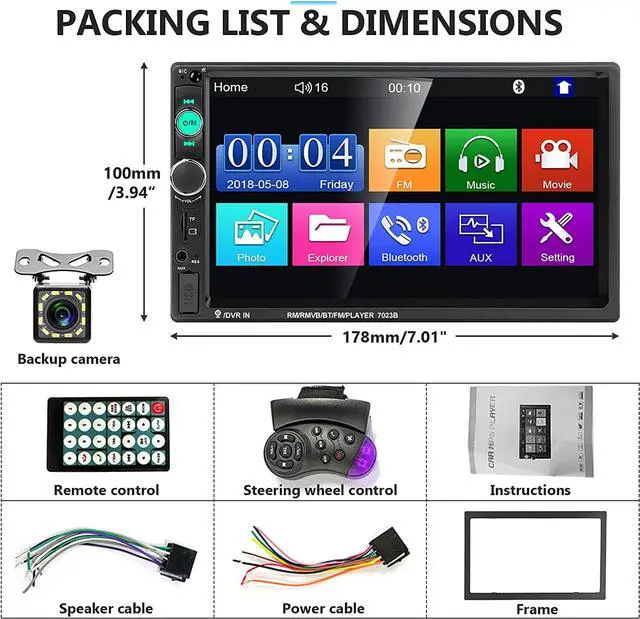 Alt view image 7 of 7 - Car Stereo 2 Din Car Radio 7 Inch MP5 Player with HD Touch Screen Digital Display Bluetooth Multimedia support USB SD Aux-in Double Din Autoradio Mobile Phone Interconnection with Backup Camera