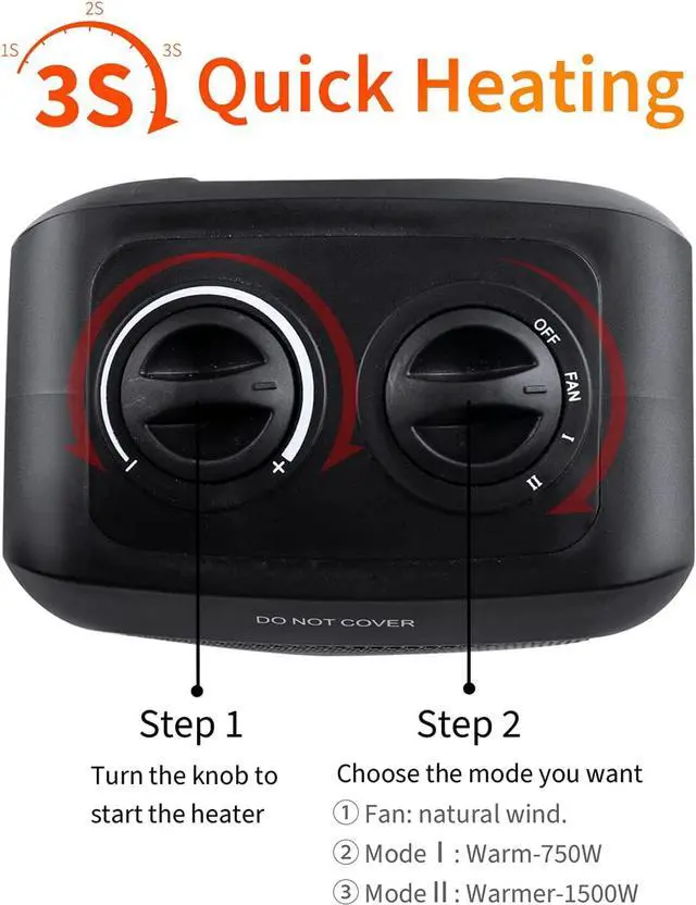 Alt view image 2 of 7 - Portable Electric Space Heater 1500W/750W, Ceramic Room Heater with Tip-Over and Overheat Protection, Heat up 200 Square Feet in Seconds, Safe and Quiet for Office Home Room Desk Indoor Use, Black