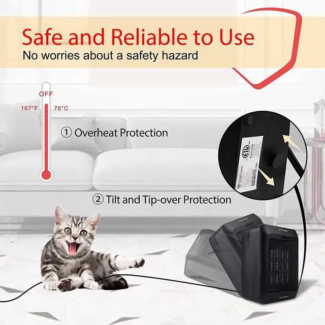 Alt view image 3 of 7 - Portable Electric Space Heater 1500W/750W, Ceramic Room Heater with Tip-Over and Overheat Protection, Heat up 200 Square Feet in Seconds, Safe and Quiet for Office Home Room Desk Indoor Use, Black