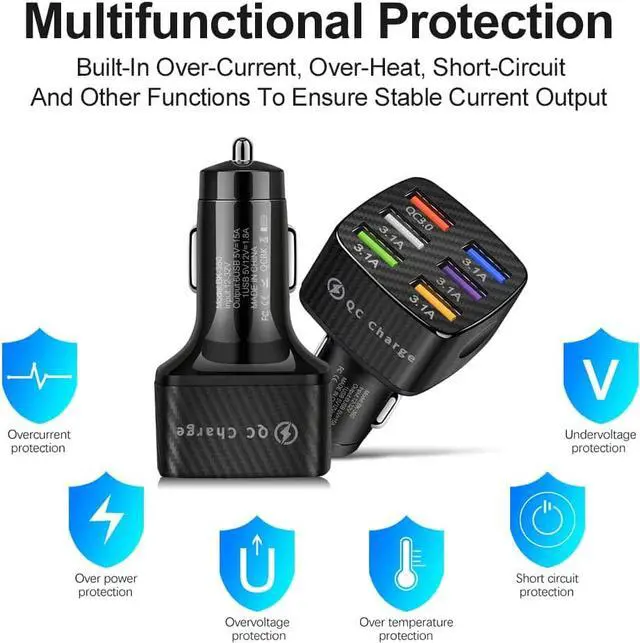 Alt view image 6 of 7 - 6-Port USB Car Charger, QC3.0 Fast Charging 6 USB Car Charger Adapter Smart Shunt Car Phone Charger with Light, Suitable for iPhone & Android,Samsung Galaxy S10 S9 Plus