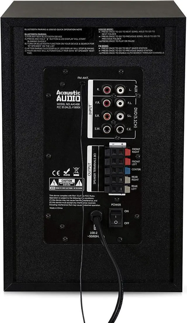 Alt view image 5 of 7 - Bluetooth 5.1 Surround Sound System with LED Light Display, FM Tuner, USB and SD Card Inputs - 6-Piece Home Theater Speaker Set, Includes Remote Control - AA5400 Black