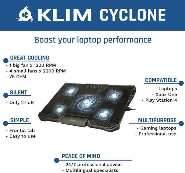 Alt view image 2 of 7 - KLIM Cyclone Laptop Cooling Pad  5 Fans Cooler  No More Overheating  Increase Your PC Performance and Life Expectancy  Ventilated Support for Laptop  Gaming Stand to Reduce Heating  White