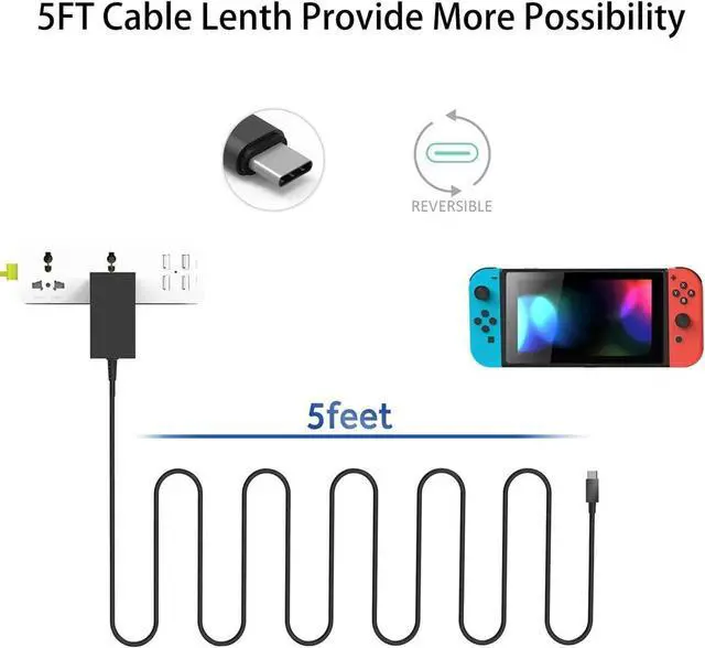 Alt view image 2 of 7 - Charger for Nintendo Switch.Switch Charger Compatible with Switch OLED and Switch Lite.15V/2.6A Power Supply Support Switch TV Mode.5 FT Power Cable USB C Port.2.5 Hours Fast Charge AC Adapter
