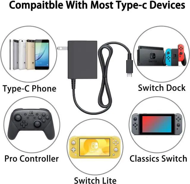 Alt view image 3 of 7 - Charger for Nintendo Switch.Switch Charger Compatible with Switch OLED and Switch Lite.15V/2.6A Power Supply Support Switch TV Mode.5 FT Power Cable USB C Port.2.5 Hours Fast Charge AC Adapter