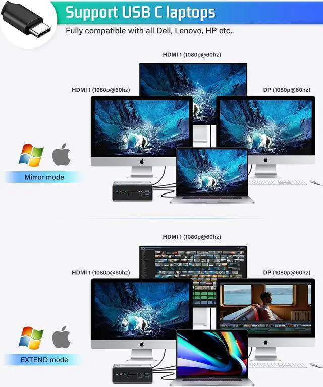 Alt view image 4 of 7 - Docking Station, UtechSmart 15 in 1 Full Quadruple Display USB C Docking Station,Compatible with macOS&Windows,Thunderbolt 3 Dock with SSD Enclosure (2HDMI,DP, PD3.0,SD/TF,RJ45,Audio&Micro,USB Ports)