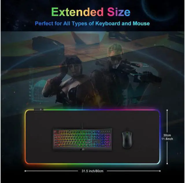 Alt view image 5 of 5 - RGB Gaming Mouse Pad, Soft Oversized Glowing Extended LED Mousepad, Touch Control, Anti-Slip Rubber Base Computer Keyboard Mouse Mat, 31.5 x 11.8 Inch