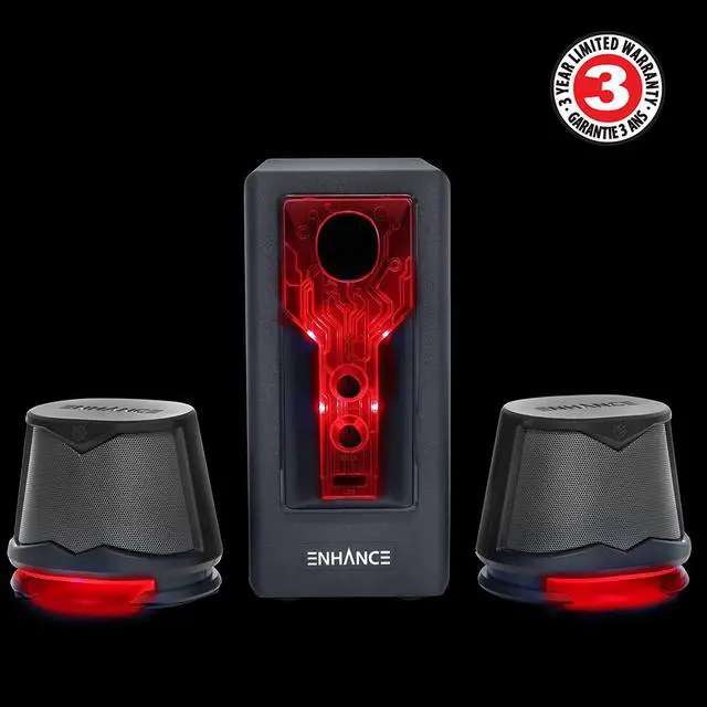 Alt view image 2 of 7 - SB 2.1 Computer Speakers with Subwoofer - Red LED Gaming Speakers, High Excursion Sound System, AC Powered & 3.5mm, Volume and Bass Control, Compatible with Gaming PC, Desktop, Laptop