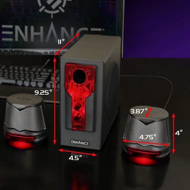 Alt view image 6 of 7 - SB 2.1 Computer Speakers with Subwoofer - Red LED Gaming Speakers, High Excursion Sound System, AC Powered & 3.5mm, Volume and Bass Control, Compatible with Gaming PC, Desktop, Laptop