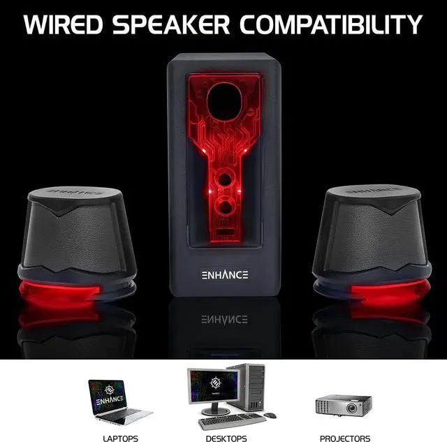 Alt view image 7 of 7 - SB 2.1 Computer Speakers with Subwoofer - Red LED Gaming Speakers, High Excursion Sound System, AC Powered & 3.5mm, Volume and Bass Control, Compatible with Gaming PC, Desktop, Laptop