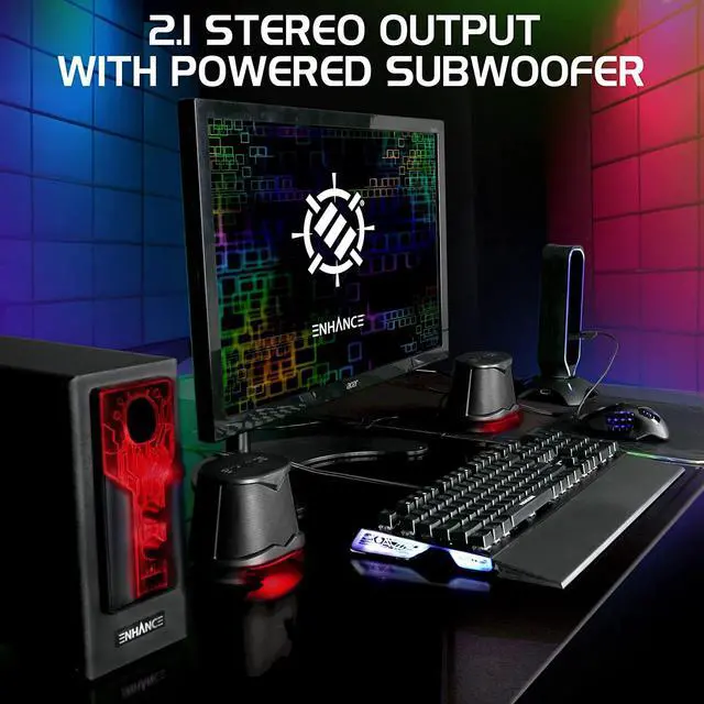 Alt view image 5 of 7 - SB 2.1 Computer Speakers with Subwoofer - Red LED Gaming Speakers, High Excursion Sound System, AC Powered & 3.5mm, Volume and Bass Control, Compatible with Gaming PC, Desktop, Laptop