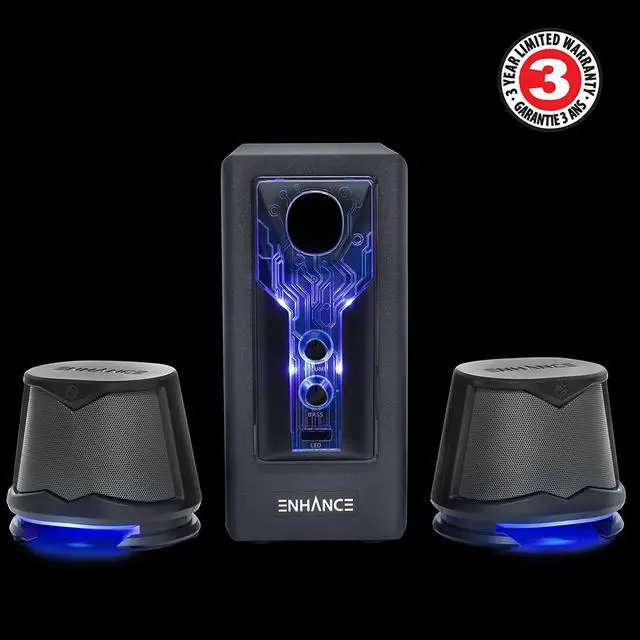 Alt view image 3 of 7 - SB 2.1 Computer Speakers with Subwoofer - Red LED Gaming Speakers, High Excursion Sound System, AC Powered & 3.5mm, Volume and Bass Control, Compatible with Gaming PC, Desktop, Laptop Blue/Black