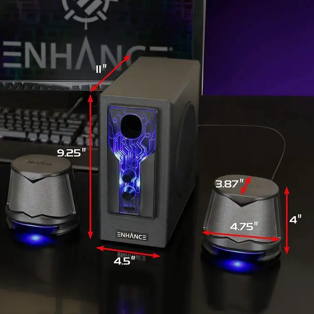 Alt view image 7 of 7 - SB 2.1 Computer Speakers with Subwoofer - Red LED Gaming Speakers, High Excursion Sound System, AC Powered & 3.5mm, Volume and Bass Control, Compatible with Gaming PC, Desktop, Laptop Blue/Black