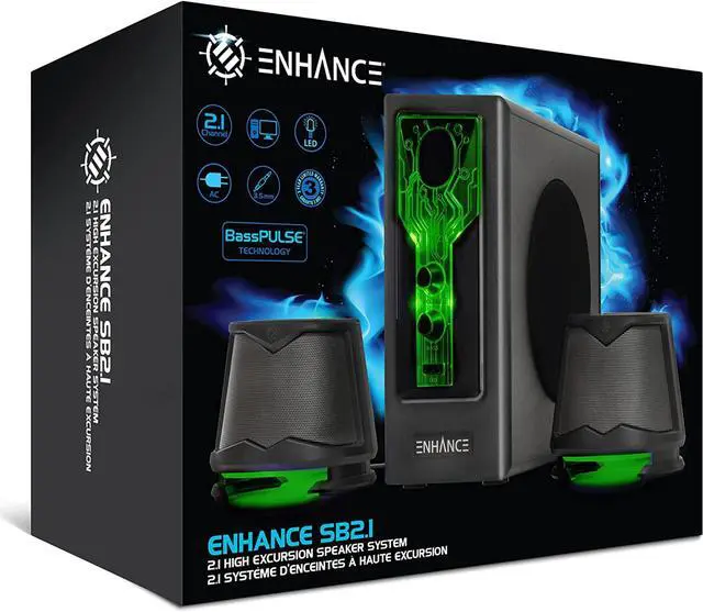 Alt view image 7 of 7 - SB 2.1 Computer Speakers with Subwoofer - Red LED Gaming Speakers, High Excursion Sound System, AC Powered & 3.5mm, Volume and Bass Control, Compatible with Gaming PC, Desktop, Laptop Green/Black