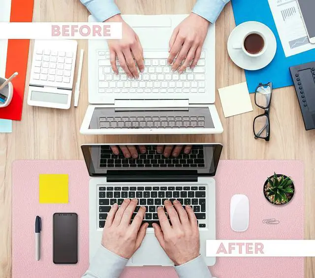 Alt view image 3 of 7 - Leather Desk Pad Protector,Mouse Pad,Office Desk Mat, Non-Slip PU Leather Desk Blotter,Laptop Desk Pad,Waterproof Desk Writing Pad for Office and Home (31.5" x 15.7", Fairy Pink)