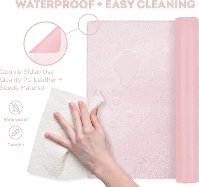 Alt view image 5 of 7 - Leather Desk Pad Protector,Mouse Pad,Office Desk Mat, Non-Slip PU Leather Desk Blotter,Laptop Desk Pad,Waterproof Desk Writing Pad for Office and Home (31.5" x 15.7", Fairy Pink)