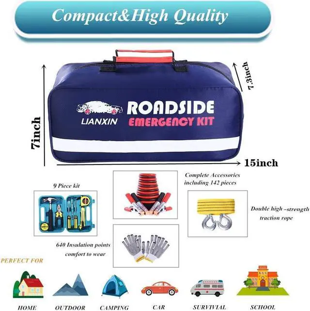 Alt view image 5 of 6 - Roadside Assistance Emergency Kit - Multipurpose Emergency Pack Car Premium Road Kit Essentials Jumper Cables Set (8 Foot) Automotive Roadside Assistance 142 Pieces Winter Car Kit