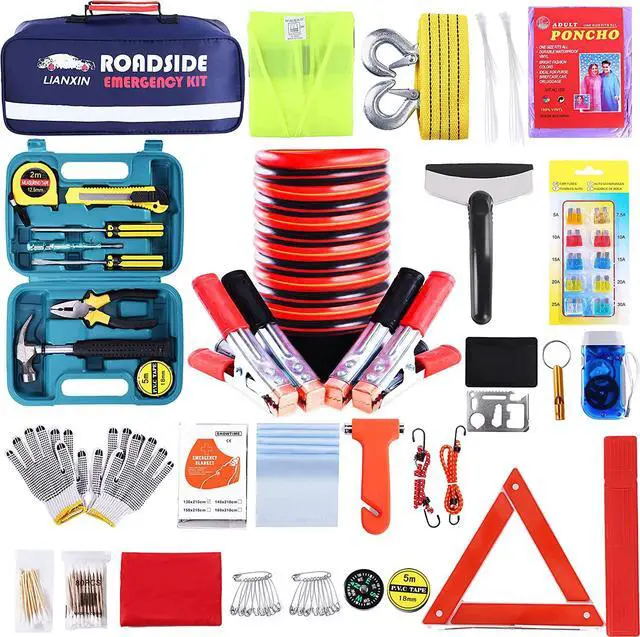 Main image of Roadside Assistance Emergency Kit - Multipurpose Emergency Pack Car Premium Road Kit Essentials Jumper Cables Set (8 Foot) Automotive Roadside Assistance 142 Pieces Winter Car Kit