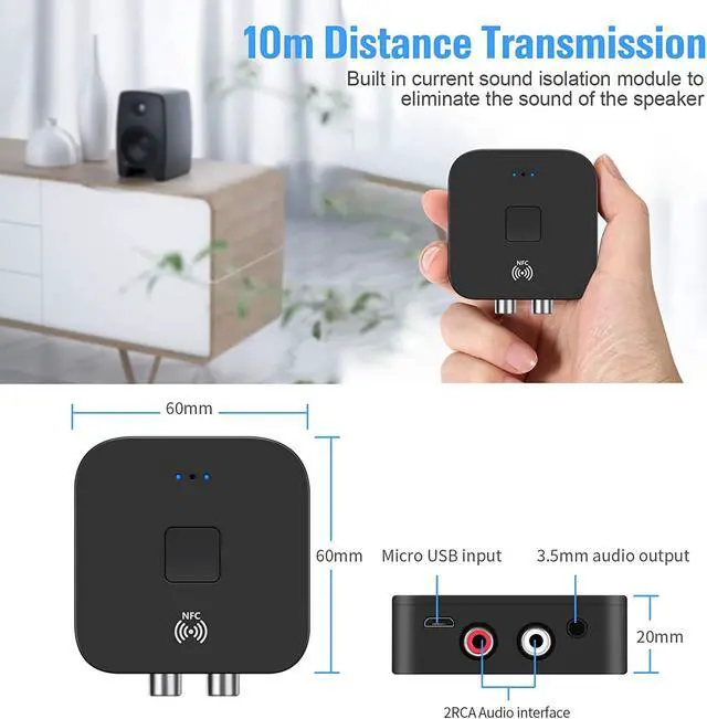 Alt view image 4 of 7 - 5.0 Bluetooth Audio Receiver Adapter,NFC Wireless Bluetooth Extender,3.5mm AUX or RCA Input Speaker,Amplifier,Car Audio,Headphone,Home Stereo Theater System,Stereo Audio Component Receivers