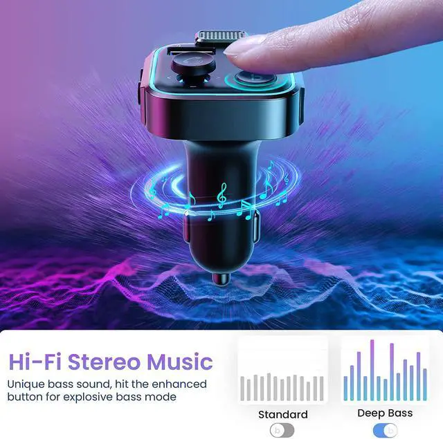 Alt view image 2 of 7 - 2023 Upgraded Bluetooth FM Transmitter for Car Adapter, Stronger Microphone & Bass Sound Bluetooth Radio Transmitter Car Adapter, Support 42W PD+QC3.0, 7 Colors LED Backlit, Wireless Call