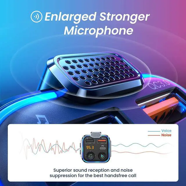 Alt view image 3 of 7 - 2023 Upgraded Bluetooth FM Transmitter for Car Adapter, Stronger Microphone & Bass Sound Bluetooth Radio Transmitter Car Adapter, Support 42W PD+QC3.0, 7 Colors LED Backlit, Wireless Call