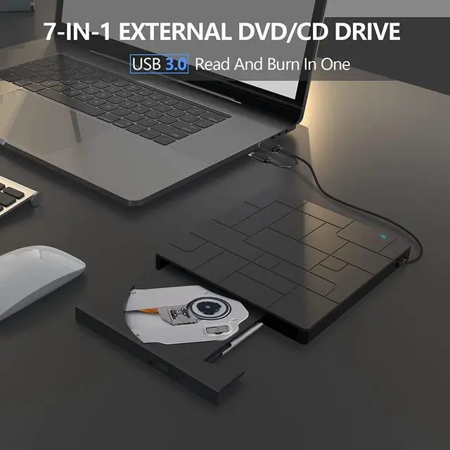 Alt view image 2 of 7 - External CD/DVD Drive, USB 3.0 Type-C DVD Player CD Burner ROM +/-RW Optical Reader Writer, Disk Drive with 4 USB Ports and 2 SD Card Slots for Laptop Windows/Vista/7/8/10, Mac OS and Linux (Black)