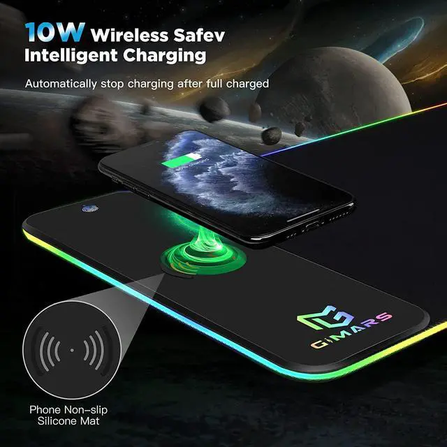 Alt view image 2 of 7 - RGB Mouse Pad with Wireless Charging, Extened Large Gaming Mouse Pad with 10W Fast Charging, 10 Colors LED Light , Premium Smooth Surface, Non Slip Mouse Mat for Gaming ,Desks, PC,Office