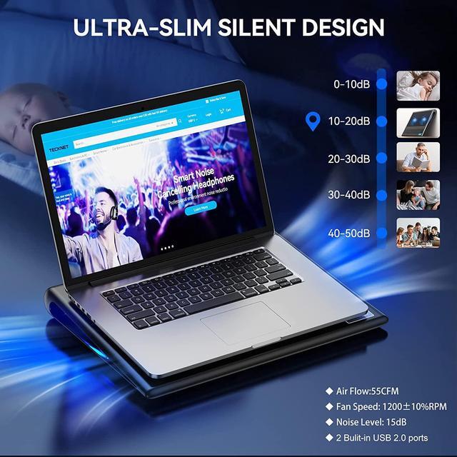 Alt view image 5 of 7 - Laptop Cooling Pad, Portable Ultra-Slim Quiet Laptop Notebook Cooler Cooling Pad Stand with 2 USB Powered Fans, Fits 12-16 Inches (Blue)