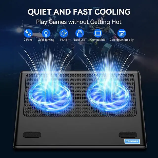 Alt view image 6 of 7 - Laptop Cooling Pad, Portable Ultra-Slim Quiet Laptop Notebook Cooler Cooling Pad Stand with 2 USB Powered Fans, Fits 12-16 Inches (Blue)