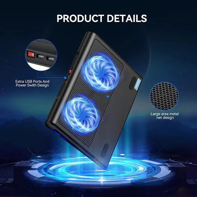 Alt view image 4 of 7 - Laptop Cooling Pad, Portable Ultra-Slim Quiet Laptop Notebook Cooler Cooling Pad Stand with 2 USB Powered Fans, Fits 12-16 Inches (Blue)
