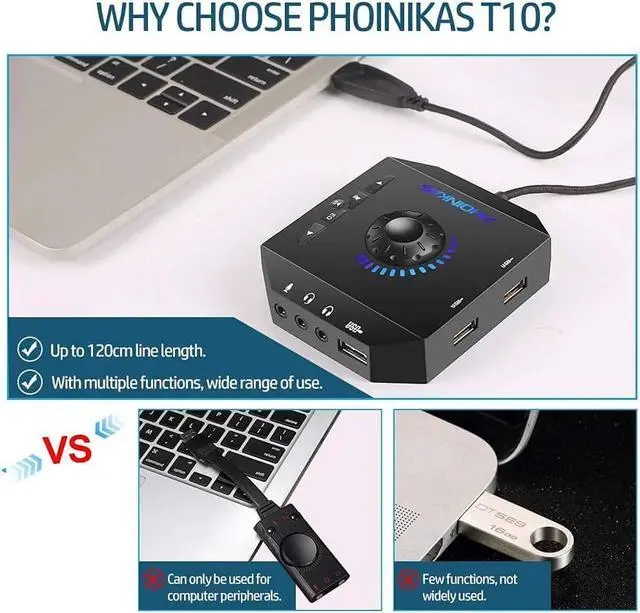 Alt view image 7 of 7 - T10 External Sound Card, USB Audio Adapter for PC Windows, Mac, Linux, Laptops, Desktops, Stereo Sound Card with 3.5mm Interface & USB Interface, Volume Control, Plug & Play (6-in-1, Black)