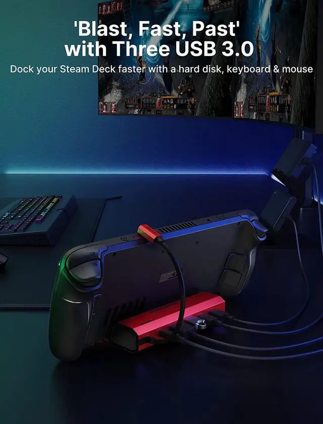 Alt view image 3 of 7 - Docking Station Compatible with Steam Deck, 6-in-1 Steam Deck Dock with HDMI 2.0 4K@60Hz, Gigabit Ethernet, 3 USB-A 3.0 and Full Speed Charging USB-C Port Compatible with Valve Steam Deck Red