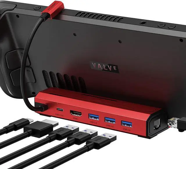 Main image of Docking Station Compatible with Steam Deck, 6-in-1 Steam Deck Dock with HDMI 2.0 4K@60Hz, Gigabit Ethernet, 3 USB-A 3.0 and Full Speed Charging USB-C Port Compatible with Valve Steam Deck Red
