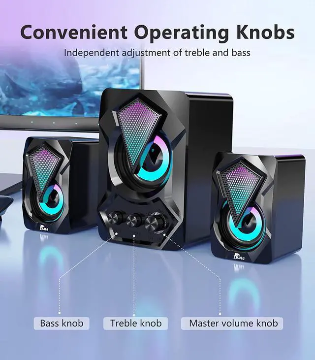 Alt view image 4 of 7 - Computer Speakers with Subwoofer, 2.1 Multimedia Speakers System, USB-Powered Stereo Desktop Speakers with Dynamic RGB LED Light, 3.5mm Audio Input Great for PC, Laptop, Game Console