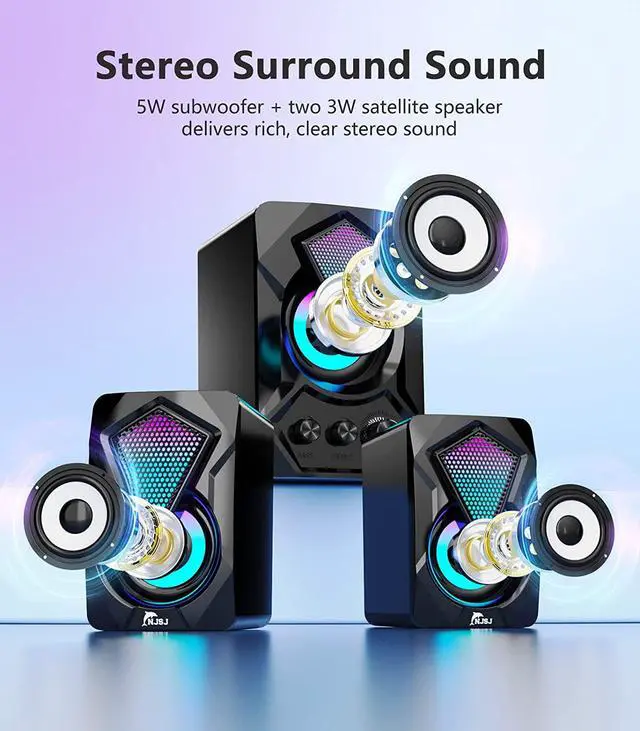 Alt view image 3 of 7 - Computer Speakers with Subwoofer, 2.1 Multimedia Speakers System, USB-Powered Stereo Desktop Speakers with Dynamic RGB LED Light, 3.5mm Audio Input Great for PC, Laptop, Game Console