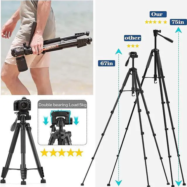 Alt view image 5 of 7 - 74.8" Camera Tripod for Canon Nikon Cell Phone Tall Tripod Travel Bag Phone Tablet Holder Compatible with DSLR Cameras, Cell Phones, Projector, Binocular, Spotting Scopes