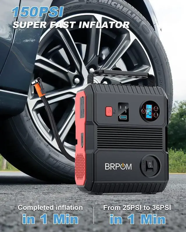 Alt view image 3 of 7 - BRPOM Car Jump Starter with Air Compressor, 150PSI 4000A Peak 24000mah (Up to All Gas or 8.0L Diesel Engine, 50 Times) Portable Jump Starter 12V Auto Battery Jump Pack QC 3.0 with 160W DC Out