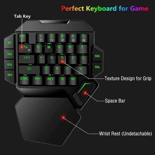 Alt view image 6 of 7 - RGB One Handed Mechanical Gaming Keyboard,Colorful Backlit Professional Gaming Keyboard with Wrist Rest Support,USB Wired Single Hand Mechanical Keyboard for Game