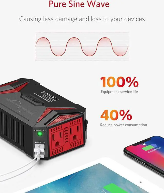 Alt view image 2 of 7 - 300Watt Pure Sine Wave Power Inverter Car Adapter DC 12V to AC 110V with 4.2A Dual Smart USB Ports