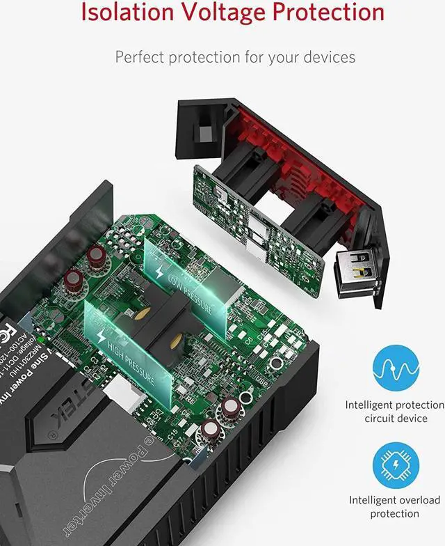 Alt view image 5 of 7 - 300Watt Pure Sine Wave Power Inverter Car Adapter DC 12V to AC 110V with 4.2A Dual Smart USB Ports