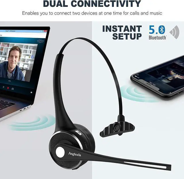 Alt view image 6 of 7 - Trucker Bluetooth Angteela Headset with Microphone, Wireless Cell Phone Headset with Noise Canceling Mic Charging Base Mute Function for Home Office Call Center Skype