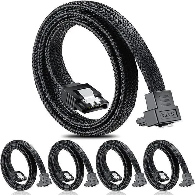 Main image of SATA III Cable, 6Gbps 90 Degree Right Angle HDD SDD Data Cable, SATA 3.0 Nylon Braided Cable with Locking Latch for SATA HDD, SSD, CD Driver, CD Writer(20 Inch, Black,5 Pack)