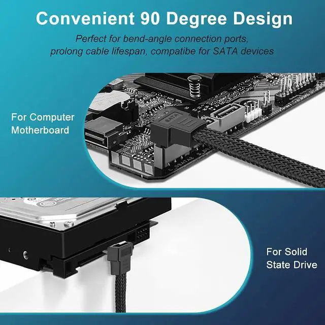 Alt view image 5 of 7 - SATA III Cable, 6Gbps 90 Degree Right Angle HDD SDD Data Cable, SATA 3.0 Nylon Braided Cable with Locking Latch for SATA HDD, SSD, CD Driver, CD Writer(20 Inch, Black,5 Pack)
