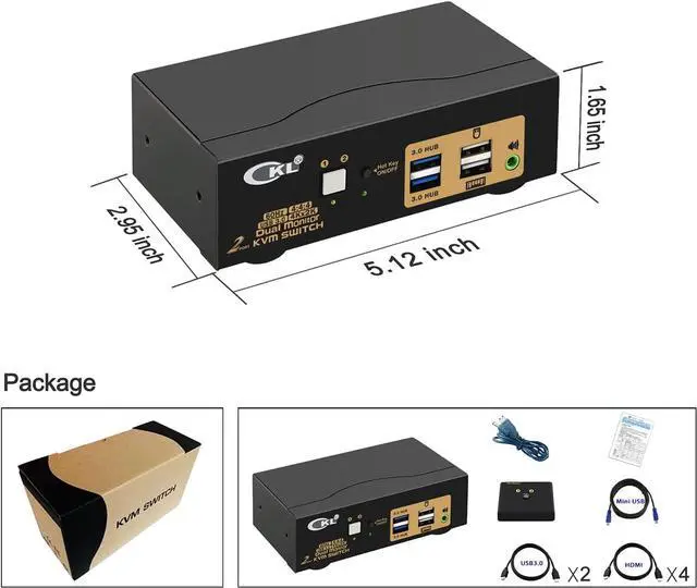 Alt view image 7 of 7 - 2 Port USB 3.0 KVM Switch Dual Monitor HDMI 4K 60Hz, Keyboard Video Mouse Peripherals Switcher for 2 Computers 2 Monitors with Audio 922HUA-3