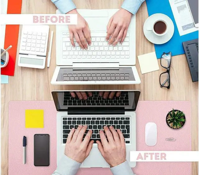 Alt view image 3 of 7 - Leather Desk Pad, Mouse Pad, Office Desk Mat, Non-Slip Laptop Desk Pad, Waterproof Desk Writing Pad for Office and Home (31.5" x 15.7", Pink+Silver)