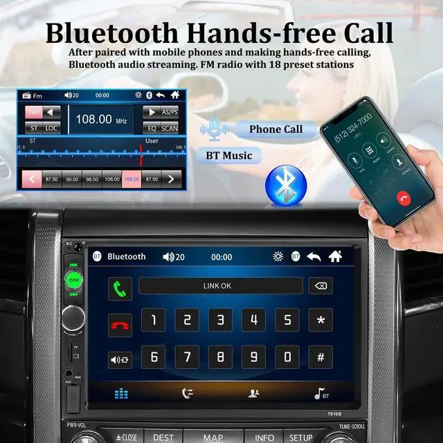 Alt view image 2 of 7 - Car Stereo Double Din Car Radio 7 Inch HD Touch Screen Bluetooth MP5 Player FM Radio Audio Receiver UNITOPSCI Multimedia Player 2 Din AUX in USB TF Card Input Mirror Link with 12 LED Backup Camera