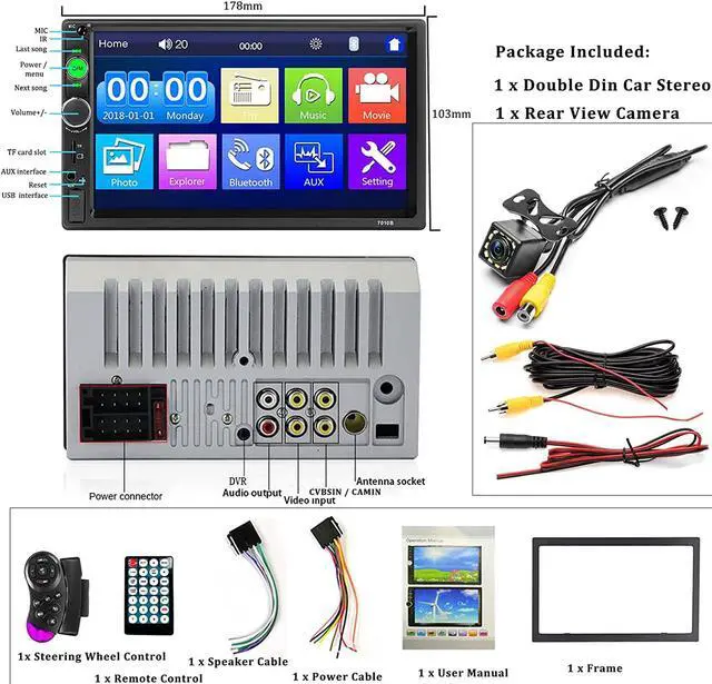 Alt view image 7 of 7 - Car Stereo Double Din Car Radio 7 Inch HD Touch Screen Bluetooth MP5 Player FM Radio Audio Receiver UNITOPSCI Multimedia Player 2 Din AUX in USB TF Card Input Mirror Link with 12 LED Backup Camera