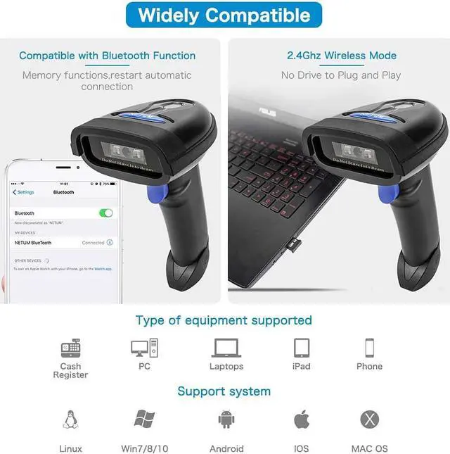 Alt view image 3 of 7 - Bluetooth Barcode Scanner, Compatible with 2.4G Wireless & Bluetooth Function & Wired Connection, Connect Smart Phone, Tablet, PC, CCD Bar Code Reader Work with Windows, Mac,Android, iOS