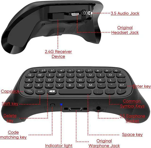 Alt view image 5 of 7 - Controller Keyboard for Xbox Series X/ S/ for Xbox One/ One S, Wireless Bluetooth Gaming Chatpad Keypad with USB Receiver, Built-in Speaker & 3.5mm Audio Jack for Xbox Series X/ S/ One/ One S, Black